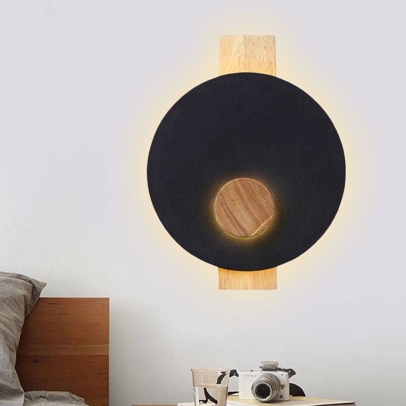 Black/Grey/White Disk Wall Light Fixture Minimalist LED Metal Sconce with Wood Backplate for Bedroom