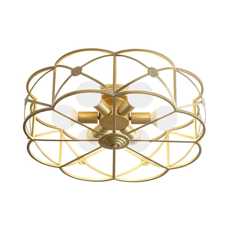 Iron Gold Flush Mount Light Scalloped Cage 6 Bulbs Colonialism Ceiling Mounted Fixture for Bedroom