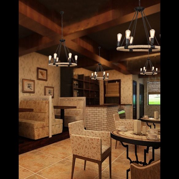 Multi Lights Circle Hemp Rope Chandelier Light Retro Industrial Style Hanging Lighting Fixture for Restaurant Bar