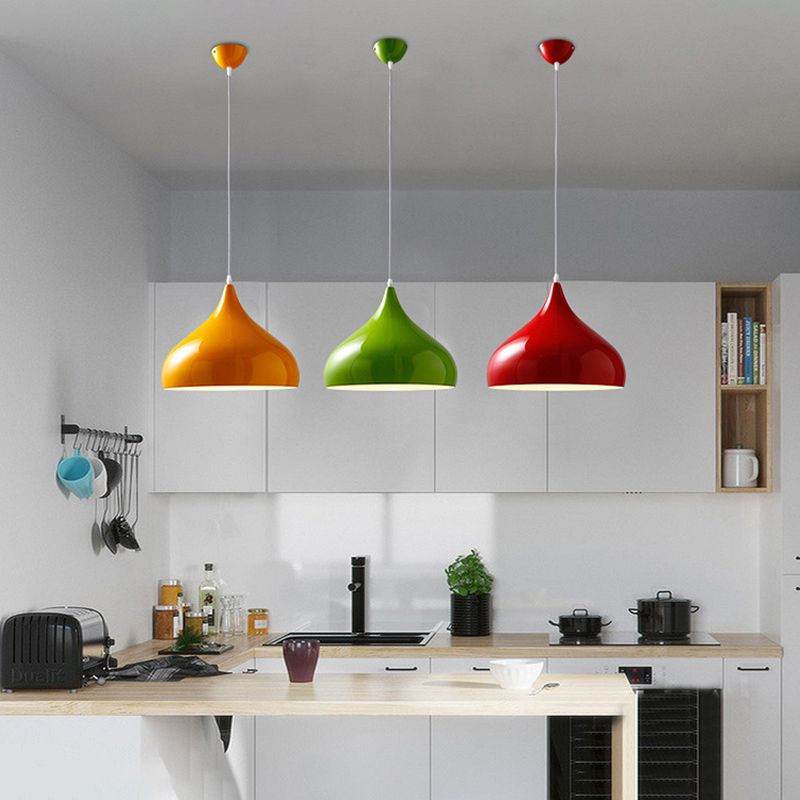 Glossy Finish Aluminum Simplicity Hanging Light 13.7" Wide Nordic Macaroon Style Lighting Pendant in Bedroom