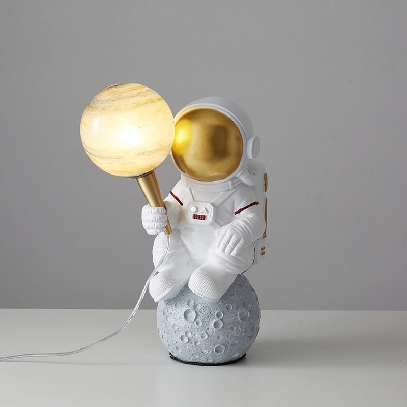 Childrens 1-Light Night Lamp Spaceman and Planet Table Light with Glass Shade