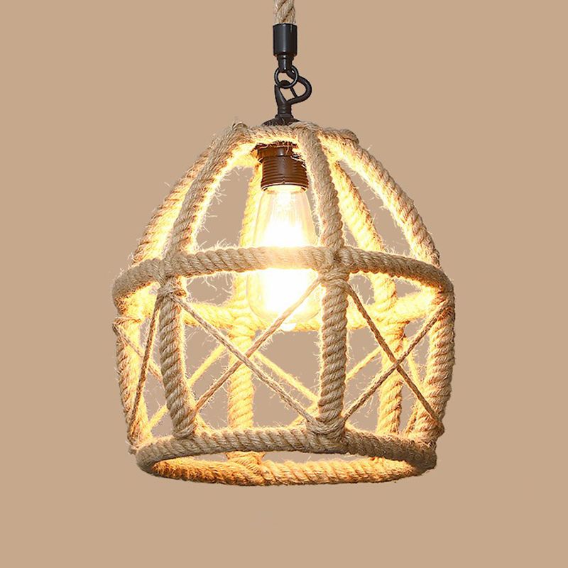 1 Bulb Hanging Light Rustic Style Wrapped Hemp Rope Pendant Light Fixture in Brown