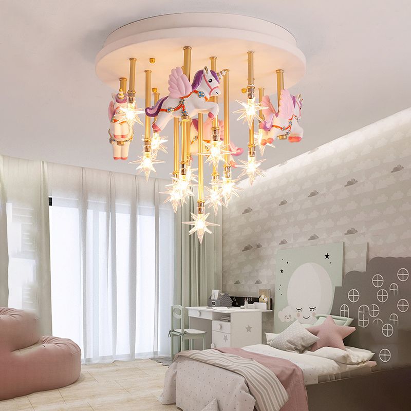 Resin Horse/Bird/Crane Ceiling Light Fixture Kids 13/16 Lights Blue/Pink Flush Mount Lighting with Clear Glass Shade