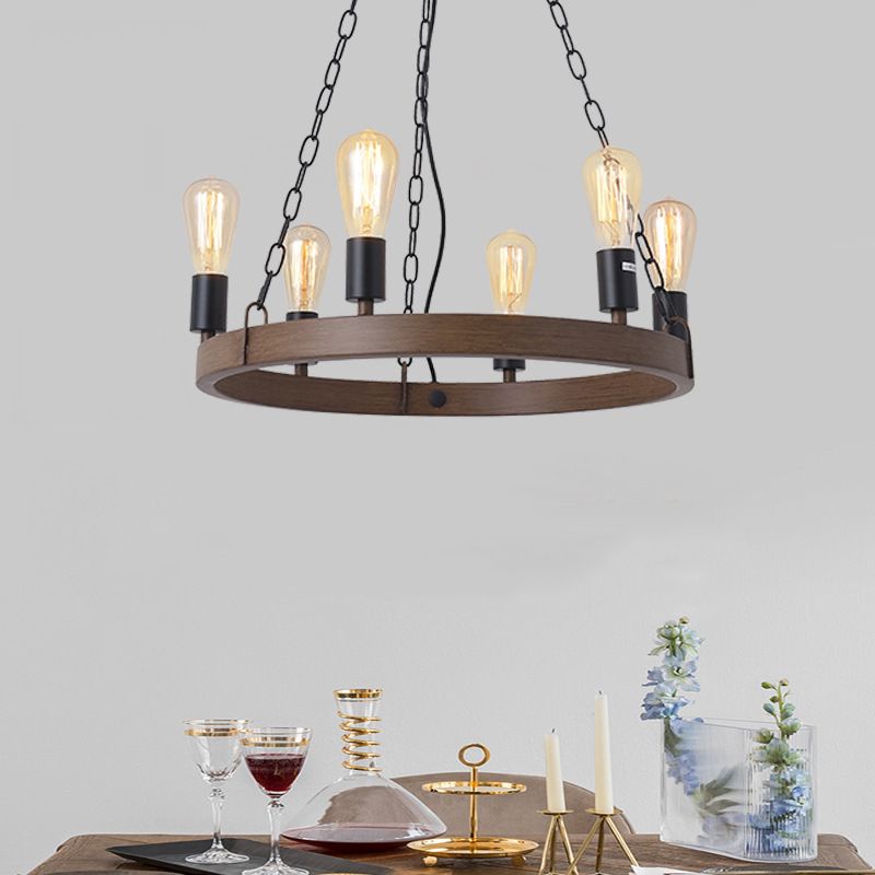 Antique Wood Hanging Pendant Lights Industrial 6-Lights Hanging Lights for Bar