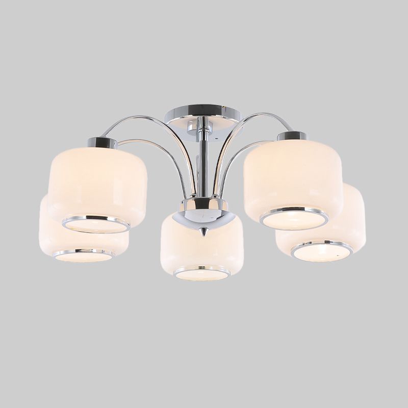 Chrome Arched Semi Flush Light Modern Style 5 Heads Metal Ceiling Mounted Lamp with Drum Opal Glass Shade