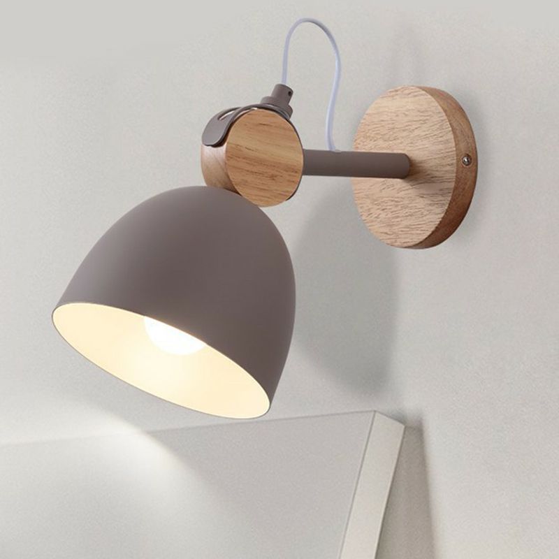 Simplicity Bell Wall Light Fixture Metallic Single-Bulb Bedroom Wall Mounted Lamp with Circle Wooden Backplate