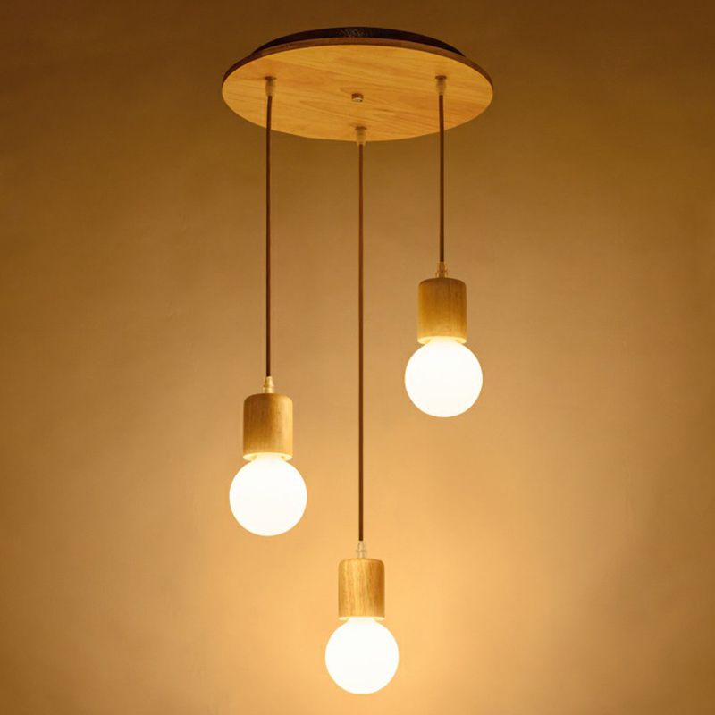 Houten kale lamp meerdere lamp hanger minimalistisch 3 koppen beige suspensie verlichting armatuur