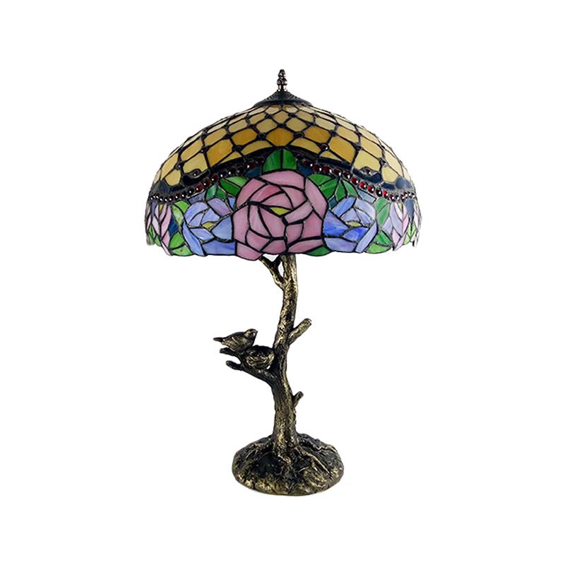 Stained Glass Brass Table Light Leaf/Rose/Peony Single Head Tiffany Style Nightstand Lamp for Bedroom