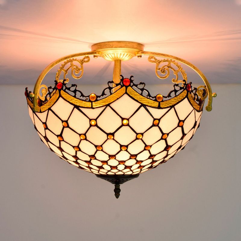 3 Lights Scalloped Semi Flush Light Baroque Beige Stained Glass Ceiling Mount for Corridor