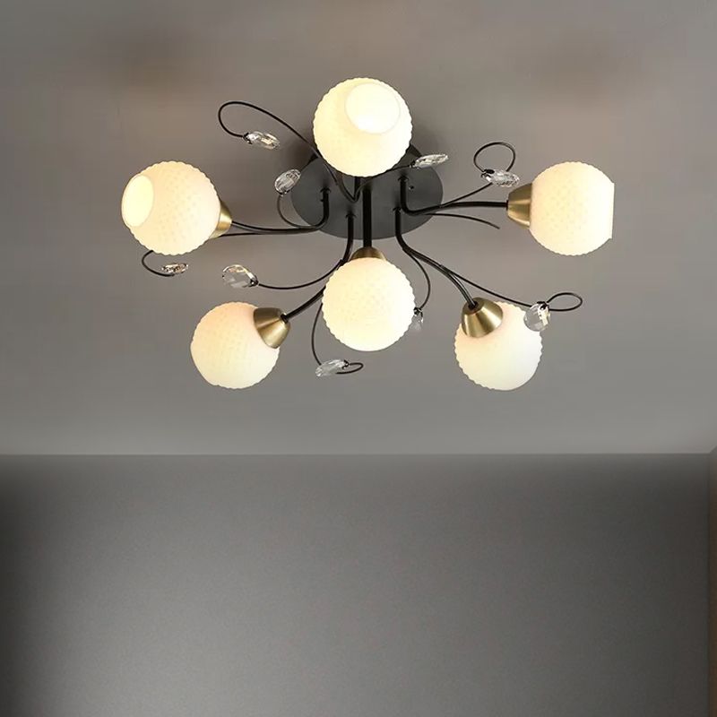 6 Heads Drawing Room Ceiling Lighting Modernism Black Semi Flush Mount with Ball Opal Lattice Glass Shade