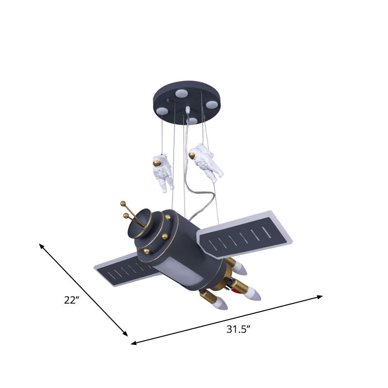 Space Satellite Astronaut Pendant Lamp Kids Resin Dark Grey LED Chandelier Light for Bedroom
