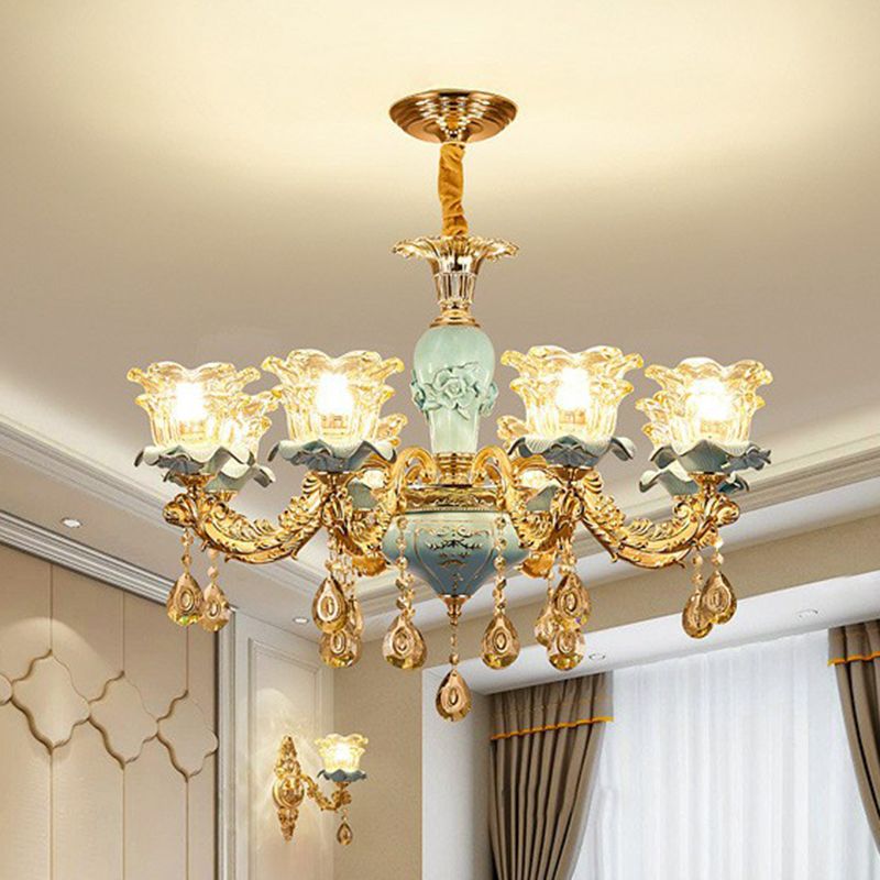 Blau geschichtete Blume auf Kronleuchter traditioneller klarer Kristallglas Schlafzimmer Suspension Licht