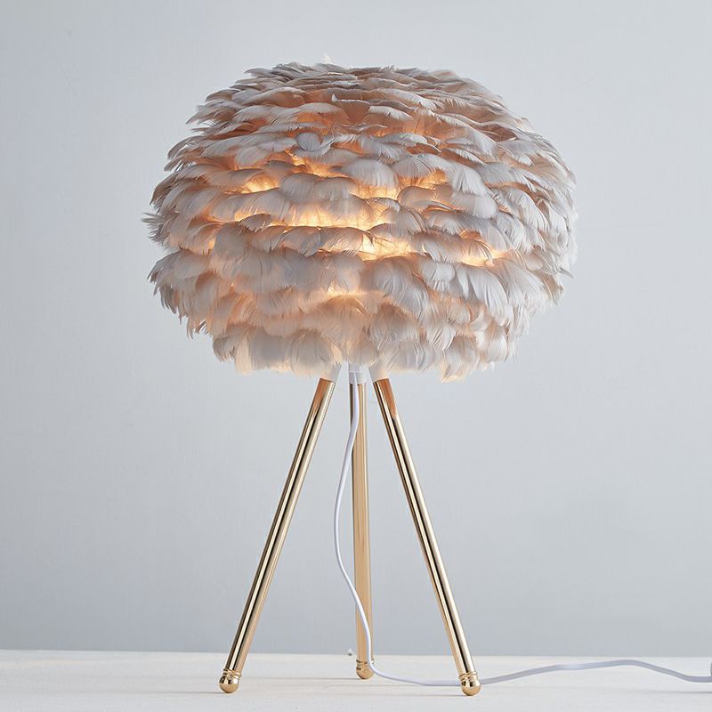 Feather Sphere Table Lighting Nordic 1 Head Nightstand Lamp with Metallic Tripod for Living Room