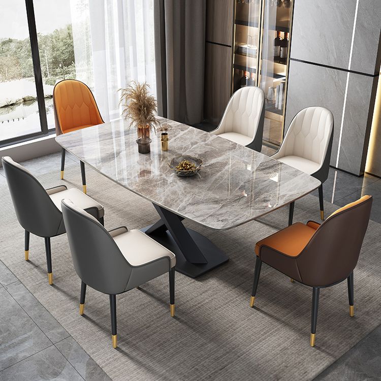 Modern Rectangular Grey Stone Top Dining Table with Black Steel Base