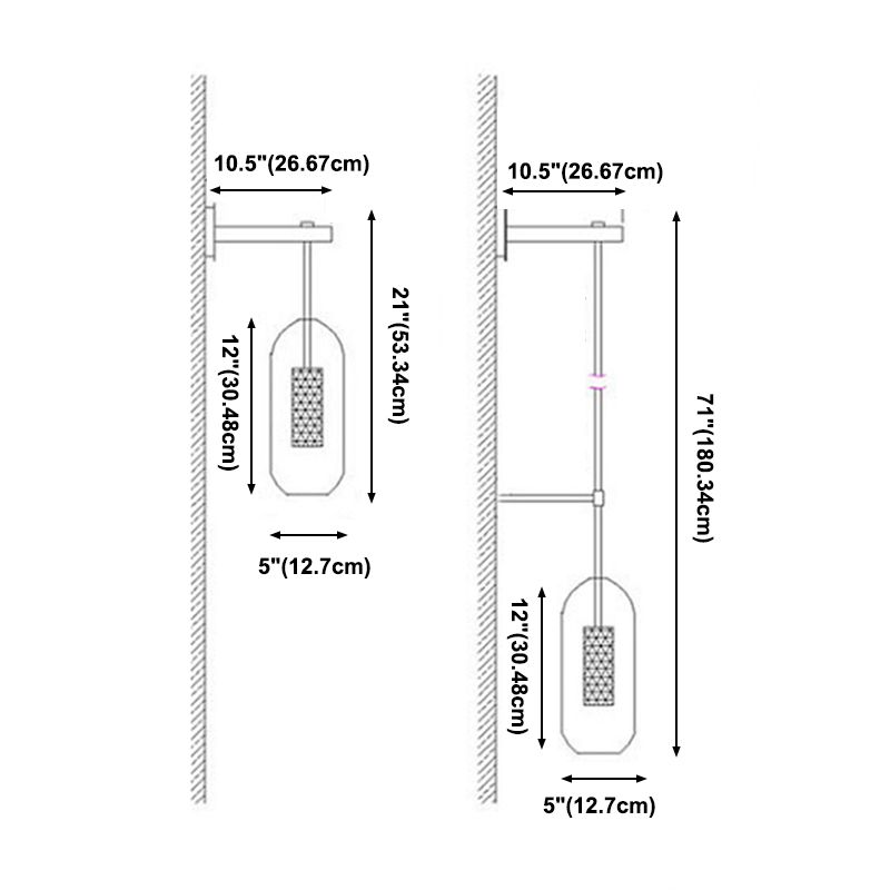 Moderno gambo in metallo applione da parete sospeso in vetro trasparente oblungo vetro a 1 bulbo sconde da parete