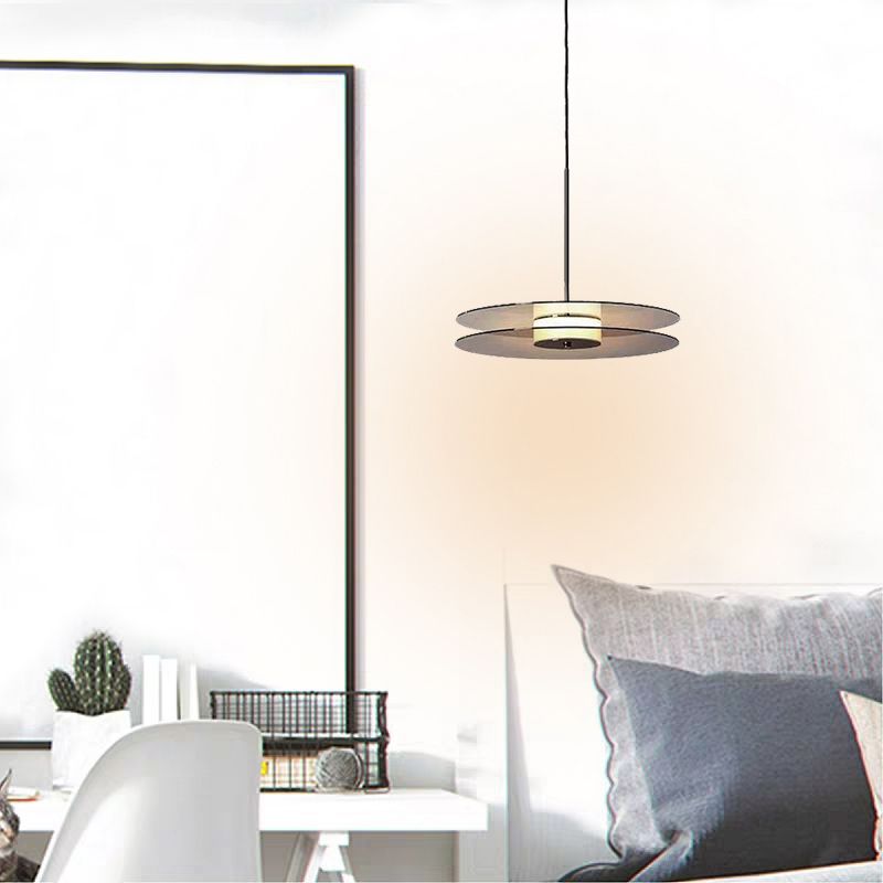 Modern Artistic LED Hanging Lamp Wrought Iron Circular Pendant Light with Glass Shade