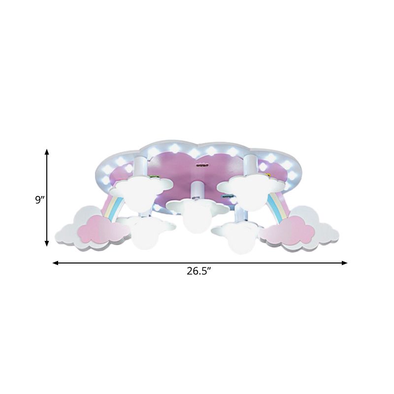 Regenboog Meisje Slaapkamer Plafond Lamp Hout 5-Licht Cartoon Flush Mount Fixture in Roze met Open Bulb Design