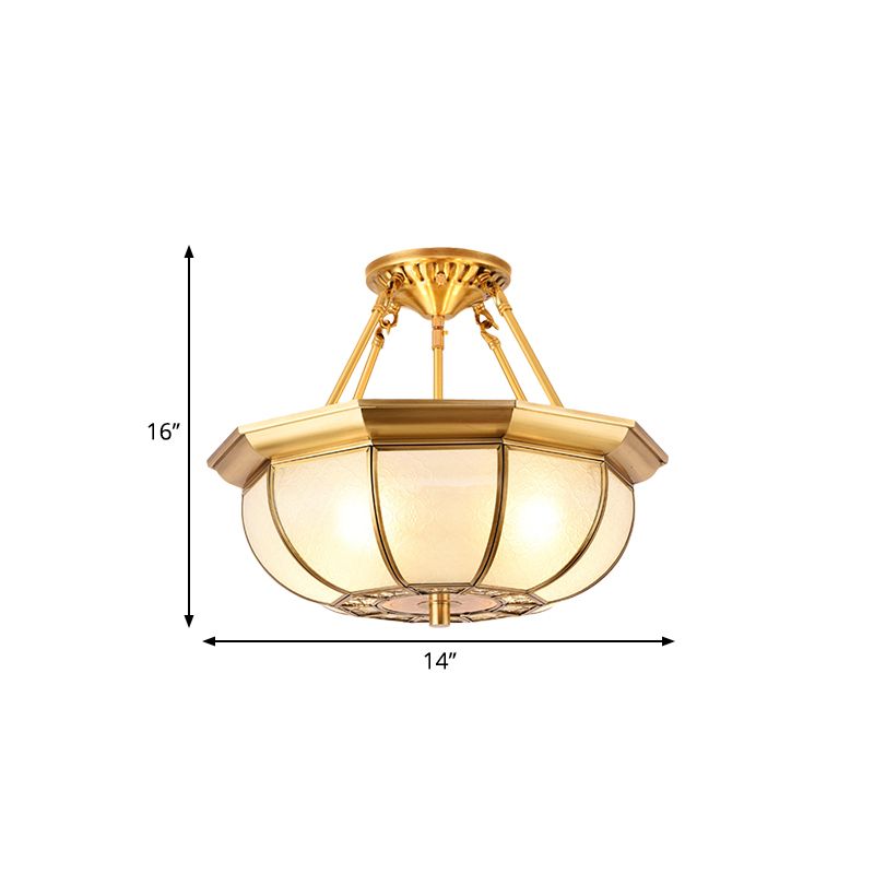 Colonial Oval Ceiling Light Fixture 3/4/6 Bulbs Cream Glass Semi Mount Lighting in Brass for Bedroom, 14"/18"/23.5" W