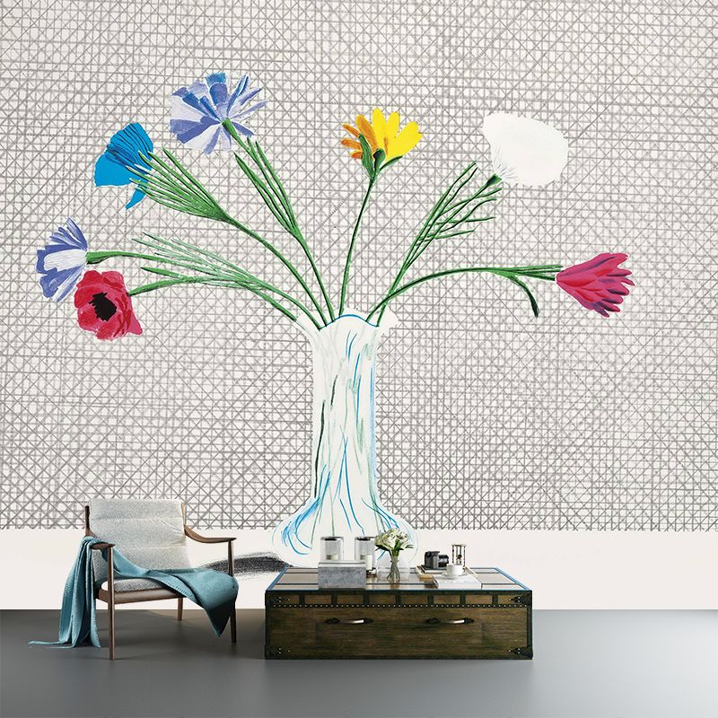 Still Life Flower Vase Murals Modern Art Non-Woven Material Wall Decor in Grey-Green