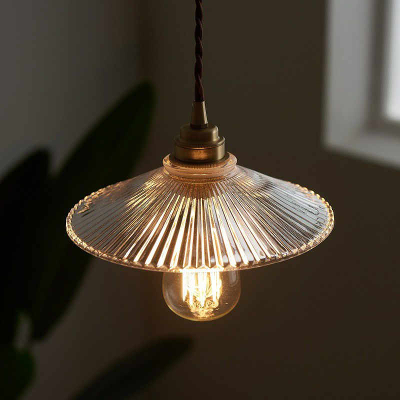 Cone Clear Ribbed Glass Hanging Lamp Vintage Single-Bulb Dining Room Lighting Pendant