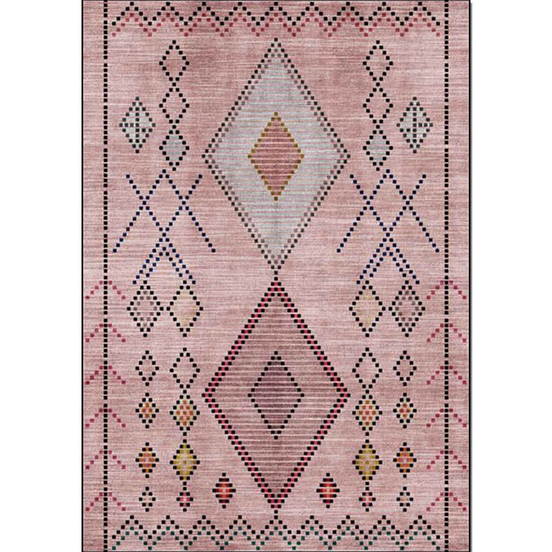 Pink Bohemian Rug Polyester Geometric Dotted Line Pattern Rug Washable Non-Slip Backing Carpet for Living Room