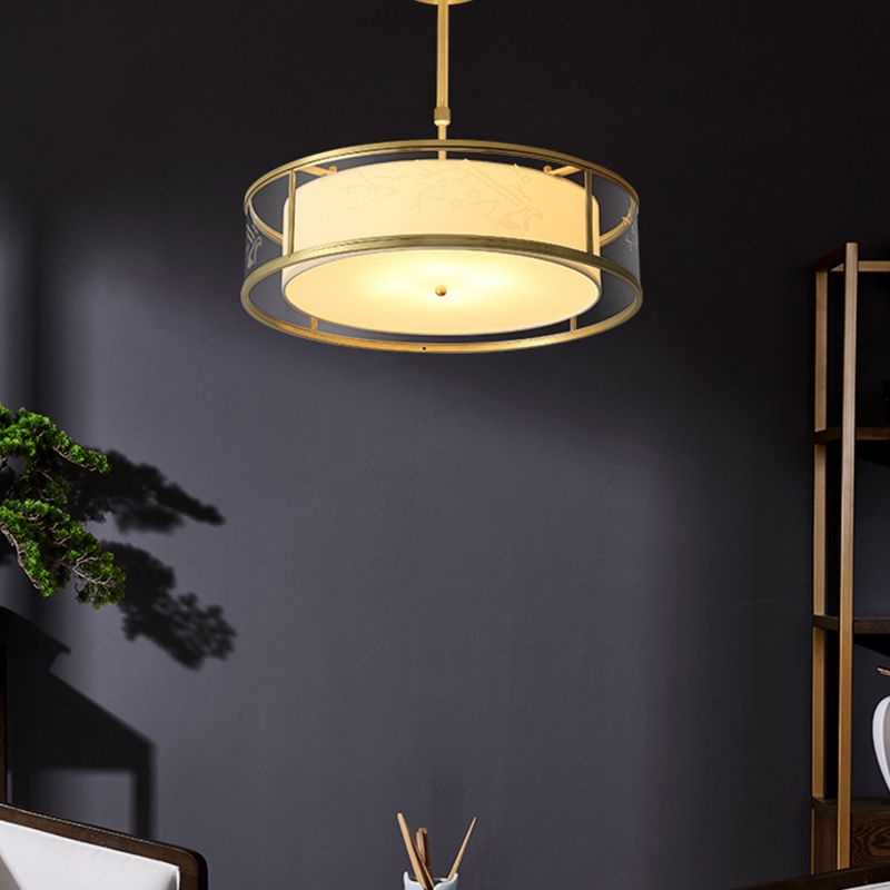 4-Light Modern Shaded Drum Chandelier Glass Ceiling Light with Textile Accent