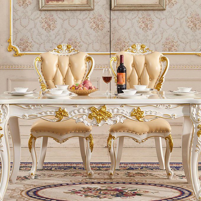 Victorian Marble Table Set of 5/7 with Rectangle Table Caved Dining Set with Leather Chairs