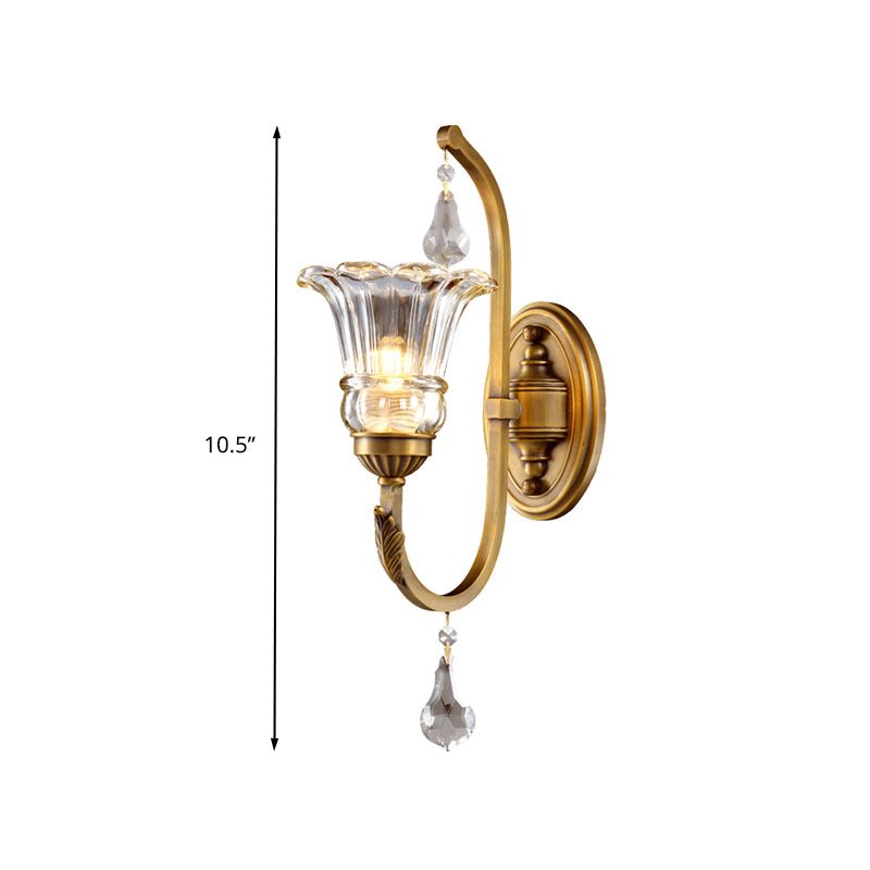 1/2 Bulbs Clear Glass Sconce Traditionalist Gold Floral Living Room Wall Mounted Light with Crystal Accent
