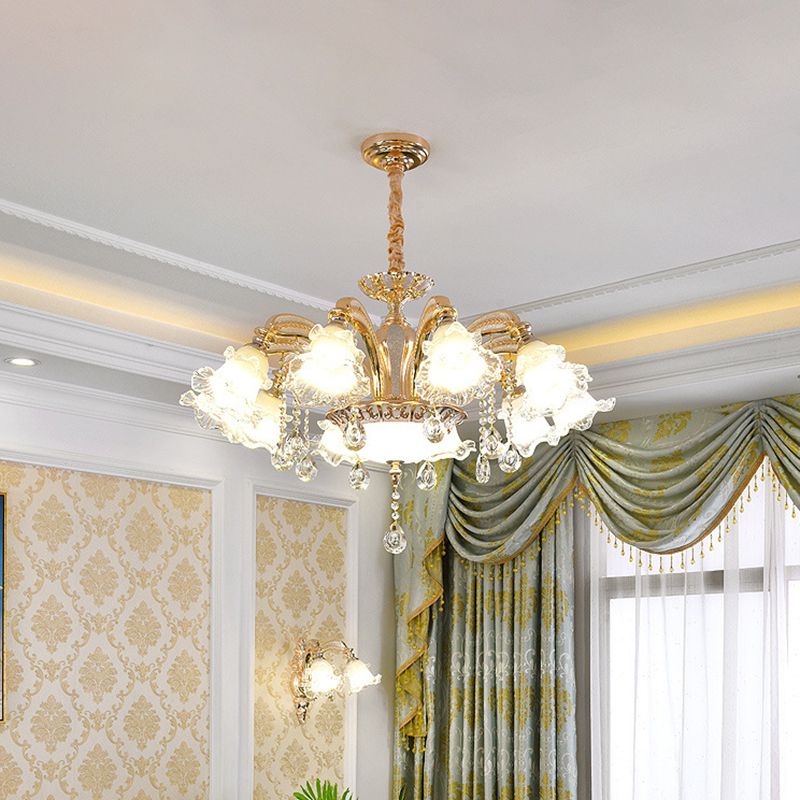 Flower Clear Glass Suspension Light Traditional 8 Heads Living Room Chandelier Lighting in Gold