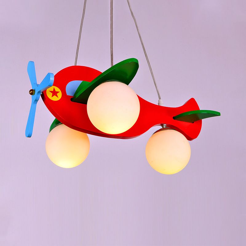 Aircraft Shaped Nursery LED Lighting Fixture Wood Modern Chandelier Light with Cream Glass Shade