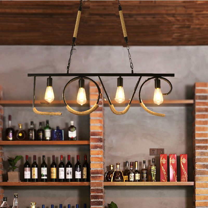 Schmiedeeisen schwarzes Insel Anhänger Licht im industriellen Vintage -Stil Hanfseildecke für Café