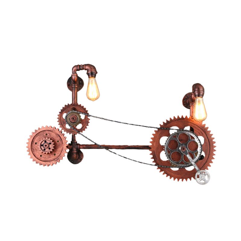 2-Light Wall Light Sconce Antiqued Bicycle Shape Iron Wall Lamp Fixture in Rust for Corridor