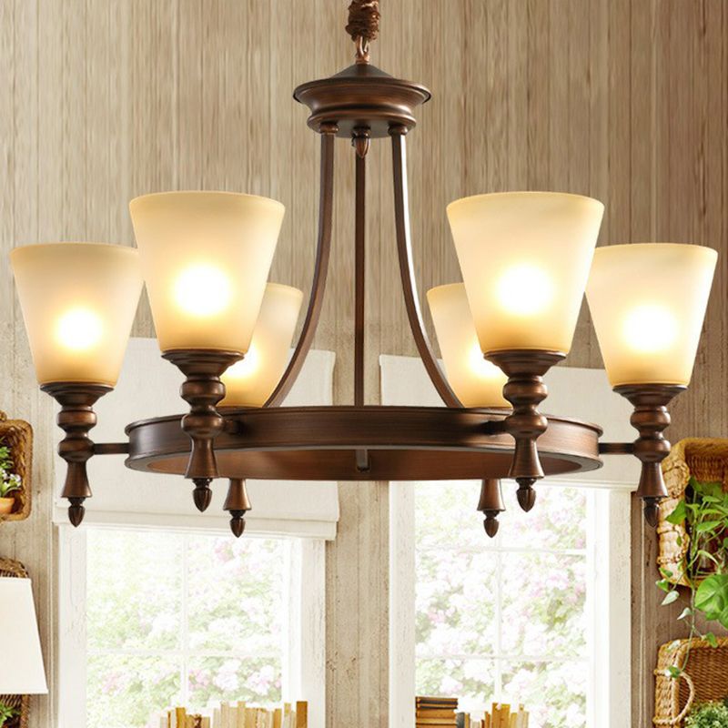 Coffee Chandelier Pendant Light Vintage Frost Glass Conical Shade Hanging Light for Living Room