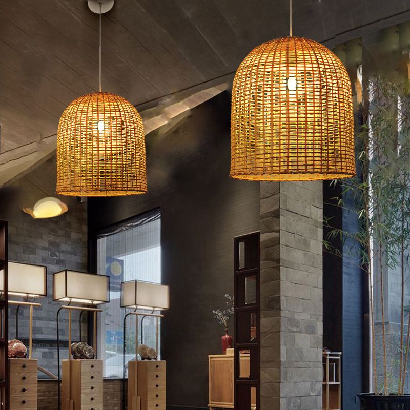 Asia Single-Bulb Pendant Lamp Beige Cloche Shaped Suspension Light with Bamboo Shade