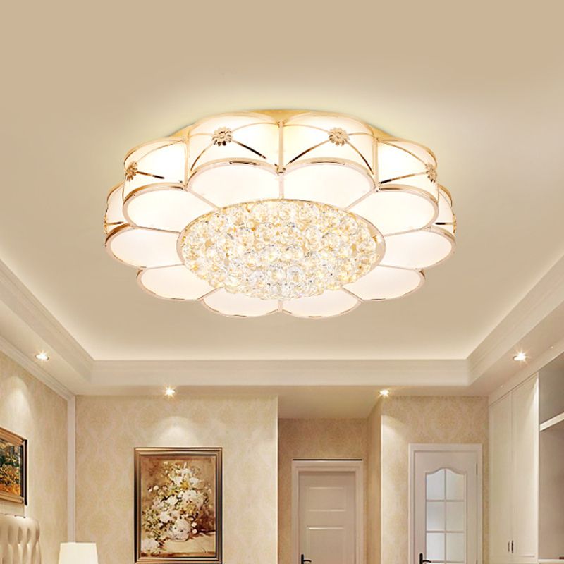 Gold LED Ceiling Light Modern Frosted Glass Layered Petals Flush Mount Fixture with Crystal Ball Drop