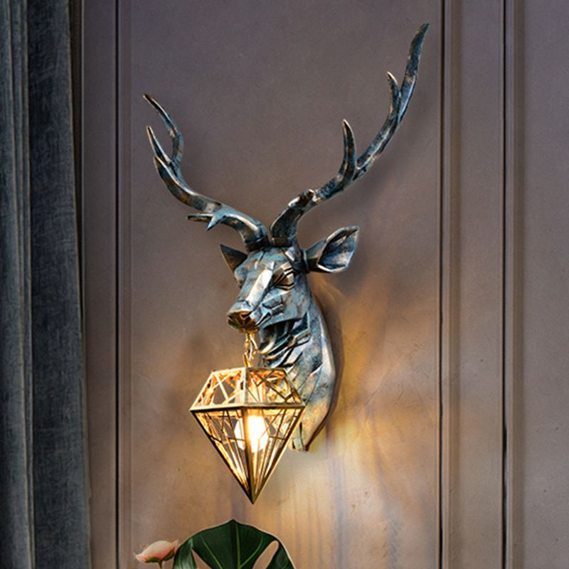 Resin Deer Wall Sconce Lighting Antique Style 1 Light Wall Light with Brass Diamond Shade, 14.5"/19.5" Wide