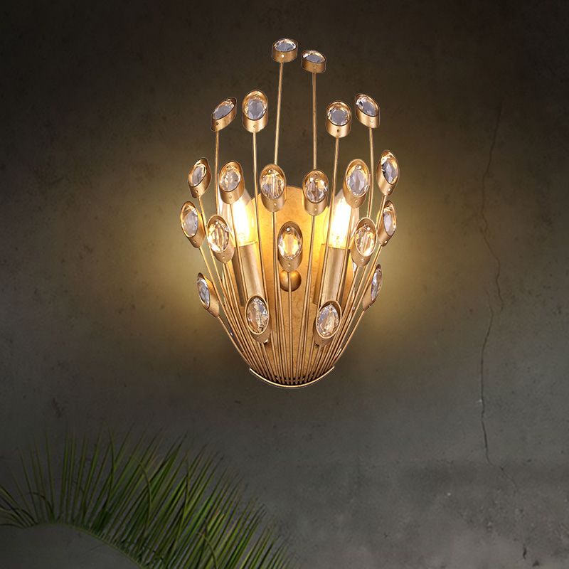 Open Bulb Wall Mounted Lamp Vintage Style Clear Crystal 2 Heads Brass Wall Lighting with Peacock Tail Design