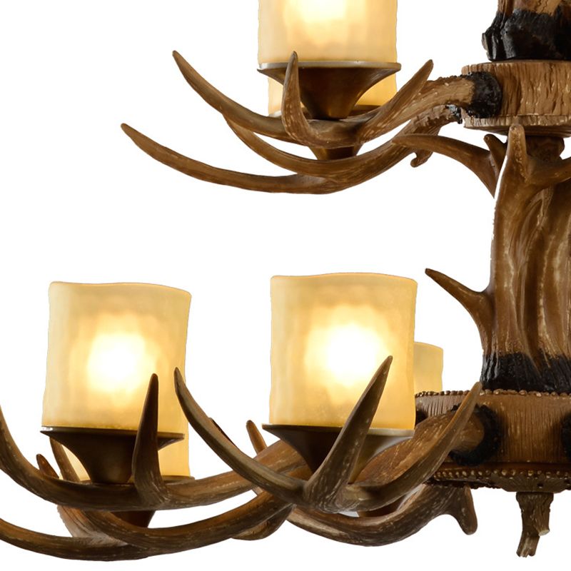 12 Heads Ceiling Chandelier Rustic 2-Tier Resin Hanging Pendant Light in Brown with Cylinder Frosted Glass Shade