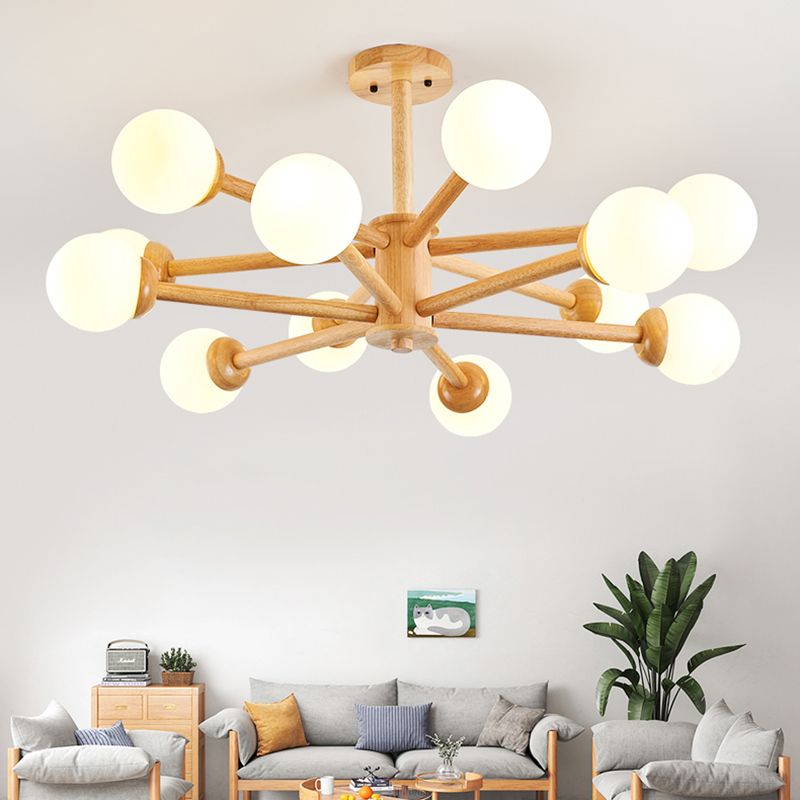 Modern Style Wooden Chandelier Ceiling Hanging Light Fixture with Glass Shade
