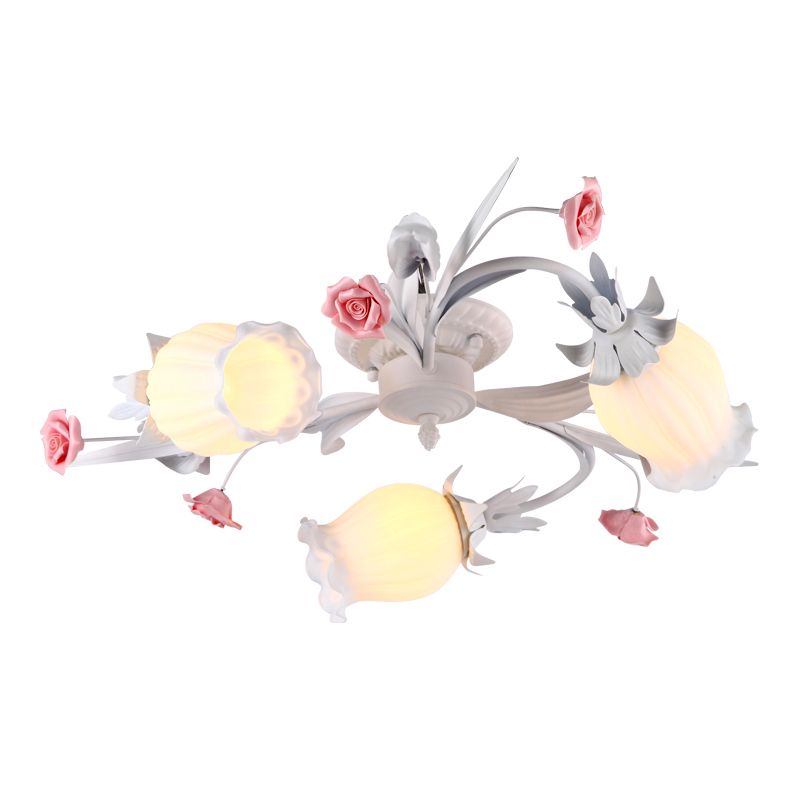 3 Heads Flower Semi Flush Mount Pastoral White Frosted Glass Ceiling Flush Mounted Light