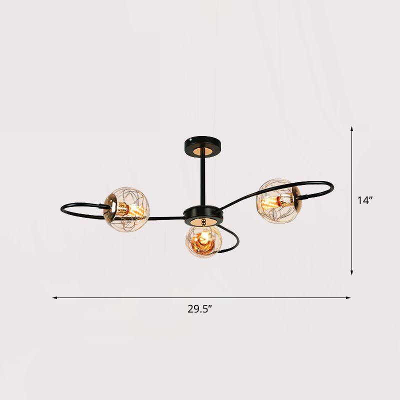 Black Floral Swirl Chandelier Minimalist Clear Ball Glass Pendant Light for Living Room