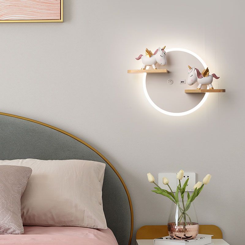 LED Circle Wall Sconce Nordic Wooden Kids Bedroom Wall Light with Shelf and Figurine