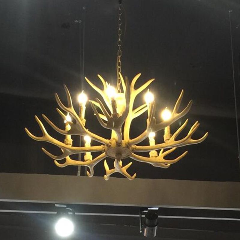 Deer Horn Resin Ceiling Lighting Traditional Restaurant Chandelier Light Fixture in Yellow