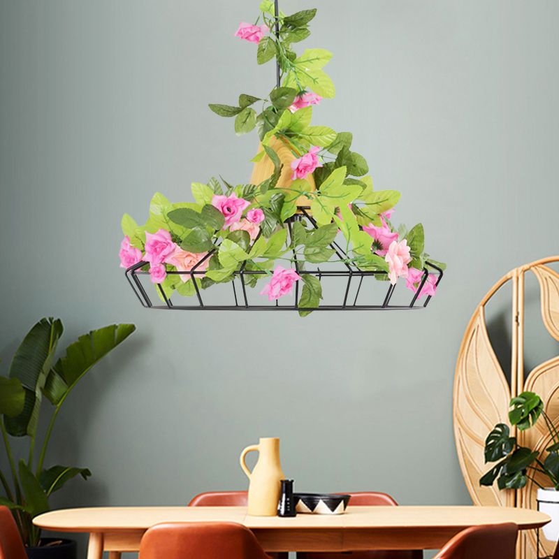 1 tête diamant cage pendentif industriel noire en fer noire pendante suspendue avec haut en bois