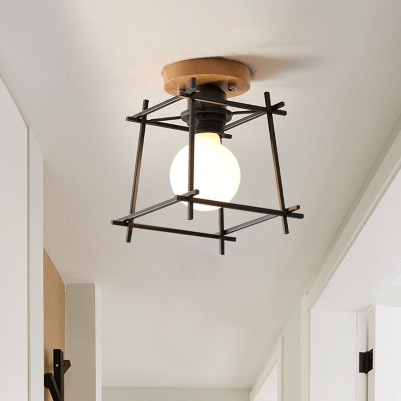 Black Finish Frame Flush Lighting Modern 1 Bulb Iron Flush Mount Ceiling Lamp with Circle Metal/Wood Canopy