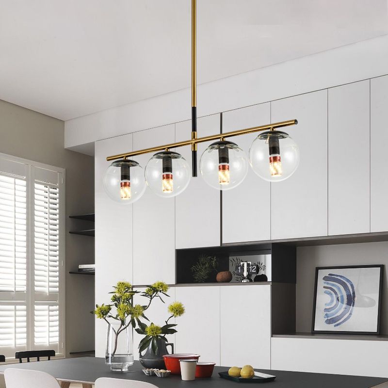 Contemporary Ball Island Lighting Clear Glass 4 Bulbs Hanging Pendant Light in Black and Gold
