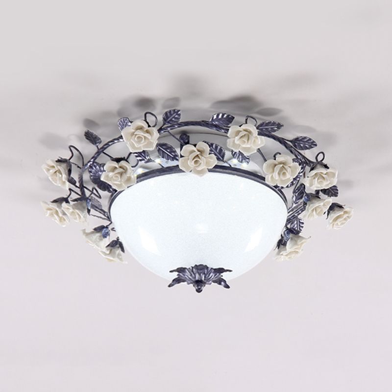 Korean Flower Bowl Ceiling Fixture White Glass LED Flush Mount Spotlight for Living Room, 20"/25" Width