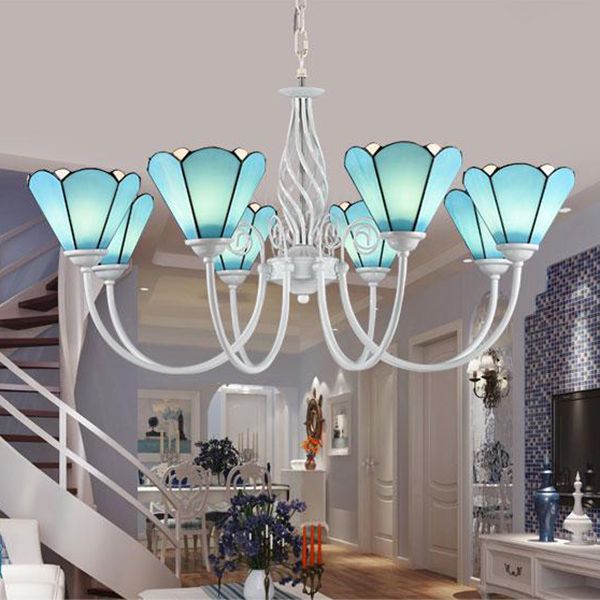 Lampadario conico multi chiaro con ciondolo a soffitto in vetro blu tradizionale a cioimino bianco per soggiorno