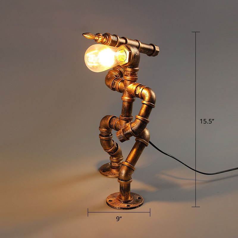 Industrial Pipe Style Night Light 1-Light Wrought Iron Accent Table Lamp in Bronze