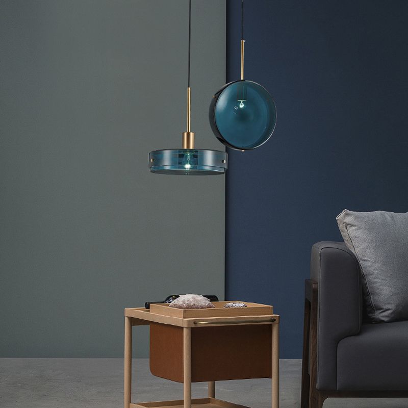 Dark Blue Cylindrical Glass Suspension Light Post-modern Style Minimalism Single Bulb Hanging Light